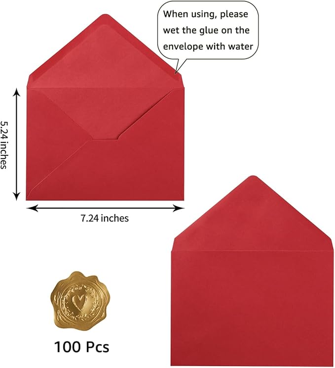 100 Pieces A7 Envelopes Colorful 5x7 Envelopes for Greeting Cards, Birthday, Weddings, Baby Shower Invitation Cards (Red, 5.24 x 7.24 Inches)