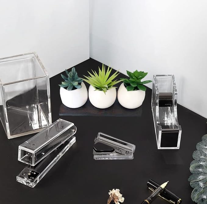 Acrylic Black Tape Dispenser and Desktop Stapler, Includes Staple Remover, Tape, 1000pcs Staples - Cute Office Stapler Set for Modern Design Desk Accessory Kit