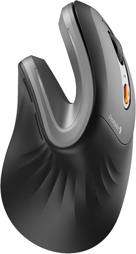 ProtoArc EM11 NL Wireless Ergonomic Vertical Mouse, Rechargeable, Gray | 58° vertical design supports a natural wrist posture, connect 3 devices via Bluetooth/2.4G USB-A, 500mAh USB-C rechargeable.