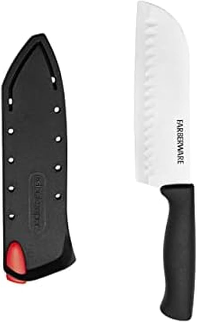 Farberware Edgekeeper 5-Inch Santoku Knife with Self-Sharpening Blade Cover, High Carbon-Stainless Steel Kitchen Knife with Ergonomic Handle, Razor-Sharp Knife, Black