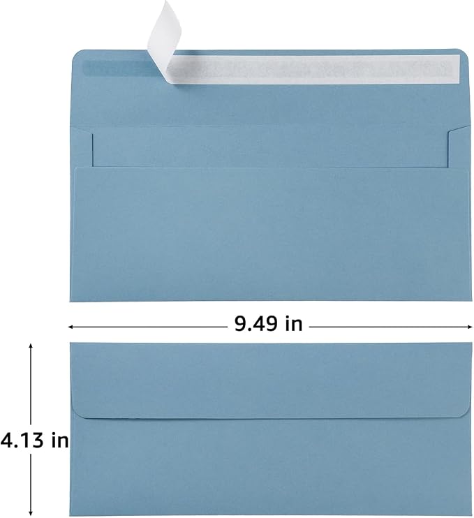 100 Pack Colored #10 Business Envelopes, 4.13 x 9.49 Inches, Dusty-Blue | Self Seal, Standard Envelopes, For Office Checks, Business Letter Mailing, Greeting Card