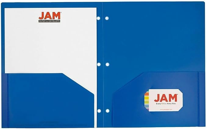 JAM PAPER Heavy Duty Plastic 3 Hole Punch Pocket Folders - Extra Tough School Folders - Assorted Primary Colors - Bulk 48 Folders/Box (8 Assorted Packs of 6)