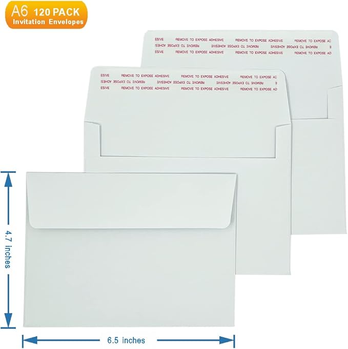 A6 Invitation envelopes（200 PCS 4.7x6.5 in） - windowless design 120GSM white paper envelopes with printabl quick self-seal for invitations, greeting cards, photos invoices