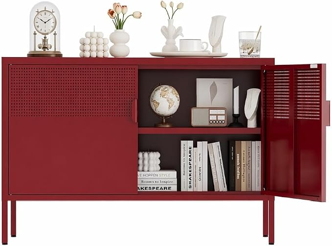 Metal Storage Cabinet,2 Door TV Stand, Metal Mesh Accent Cabinet | Magnetic Door Closure,Low Storage Cabinets with Doors and Shelf for Home,Office,Living Room