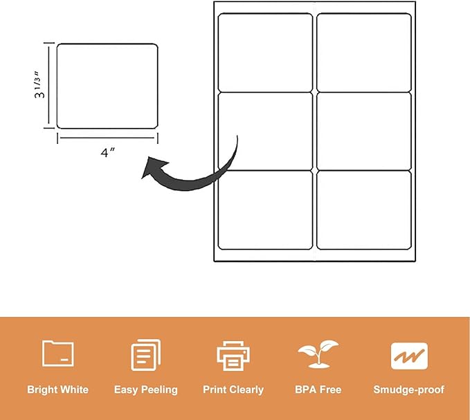 LabelMore 3 1/3 x 4 Labels - 6 Up Self Adhesive Shipping Labels - FBA Labels - Stickers for Laser & Inkjet Printers- 200 Sheet/ 1200 Labels