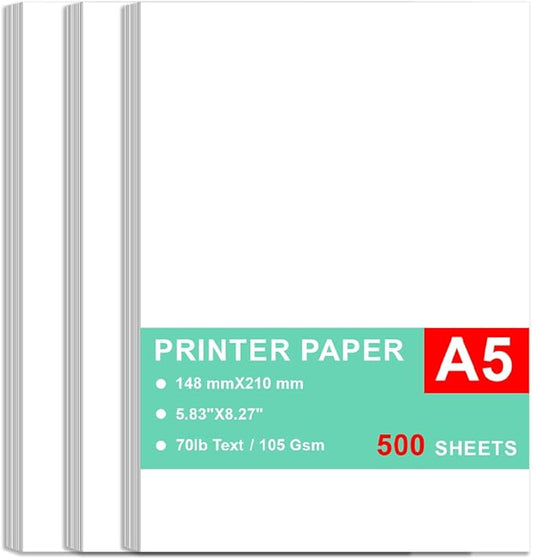 Printer Paper - 500 Sheets, A5 Premium Bright White Paper, 28lb Bond / 70lb Text (105 gsm) Bright White Paper – Great for Copy, Printing, Writing, 5.83" x 8.27" (148 x 210 mm)