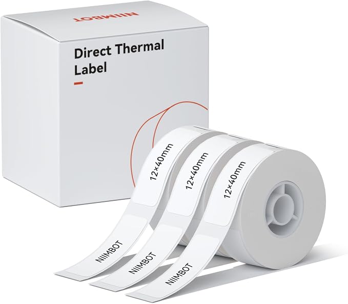 NIIMBOT Label Maker Tape for D11/D110/D101 Label Maker, 12 x 40 mm (0.47'' x 1.57''), 3Rolls for Home Office Labeling Tape Replacement, White | 3Rolls 0.47'' x 1.57'', Thermal Label Paper for Home Office School Labeling Tape Replacement