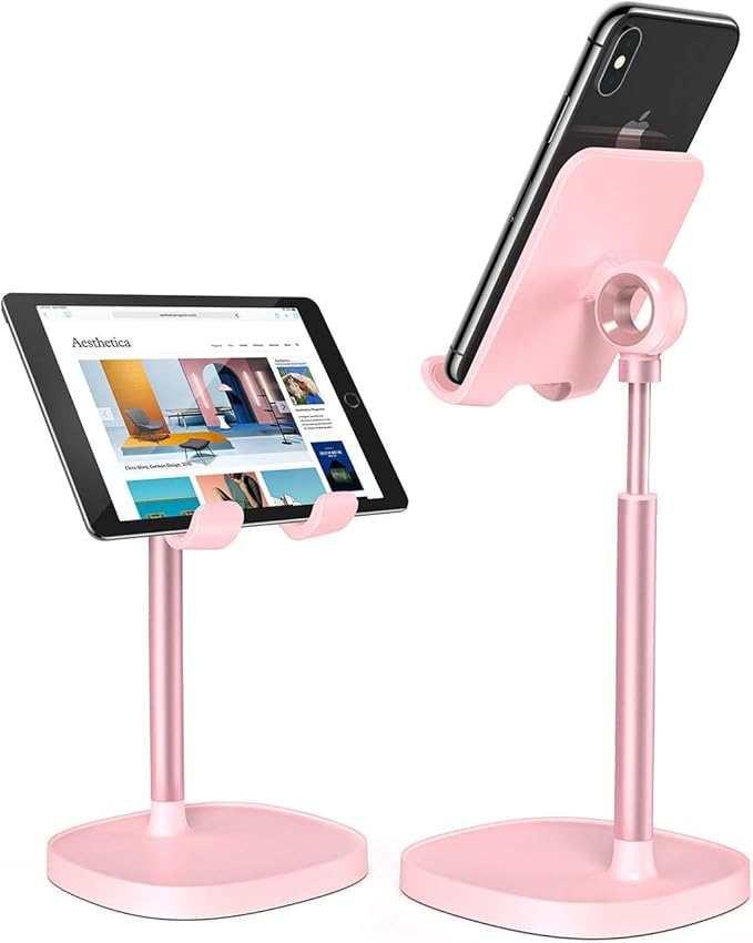 LISEN Pink Gifts Home Girls Room Decor for Desk Accessories, Cute Desk Pink Phone Stand Office Vanity Accessories for Girls Moms Bathroom Essentials Decor for iPhone Kindle Stand 4-10 inch Tablet