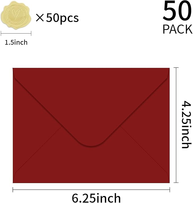 YINUOYOUJIA 4x6 Envelopes A4 Envelopes for Invitations(50, Red) | Golden Stickers with Envelopes,Self Seal,for Wedding, Invitations, Photos, Postcards, Greeting Cards, Mailing