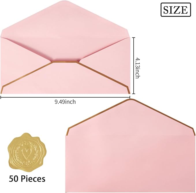 50 Pack #10 Business Envelopes with Gold Border, Self Seal Standard Envelopes with Gold Stickers for Office, Checks, Letter Mailing, Invoices, 4 1/8 x 9 1/2 Inches (Pink)