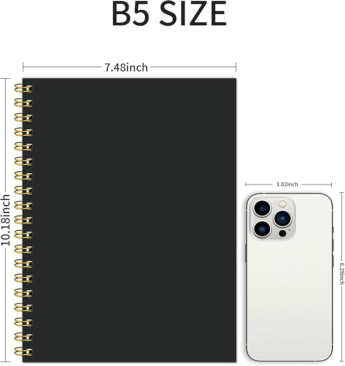Blank Spiral Notebook B5 Black Hardcover Sketch Book -7.48" X 10.18" 4 Pack unlined Journal for Drawing,160 Pages 100GSM Thick Paper for Note Taking School Office