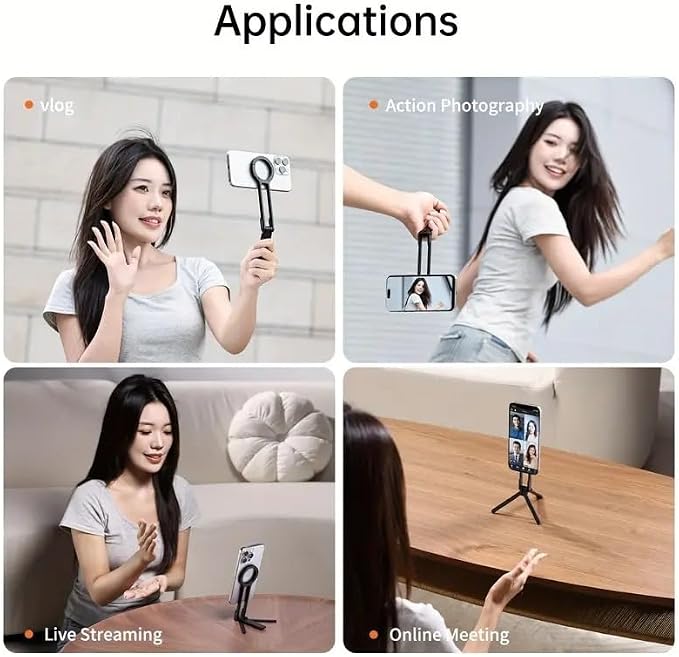 Universal Magnetic Phone Tripod, 360° Rotatable Multi-Angle Stand with Spring Buckle Clip, Compact Travel Vlog Selfie Stick for iPhone/Android/Samsung - Black
