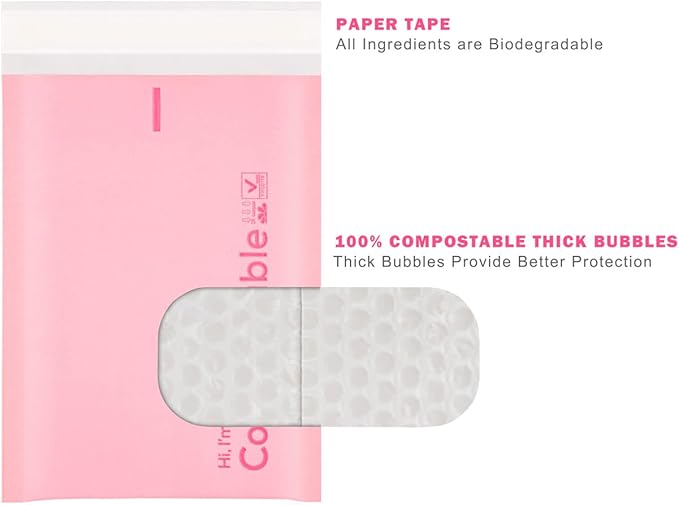 6x10 100% Biodegradable Bubble Mailers,25 Count Pink #0 Compostable Padded Packaging Wrap Envelopes Pouches Eco Friendly Self Seal Bags