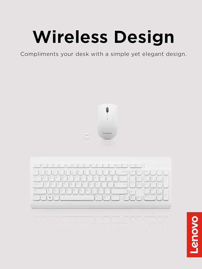 Lenovo 510 Wireless Combo with 2.4 GHz USB Receiver, Slim Full Size Keyboard, Full Number Pad, 1200 DPI Optical Mouse, Left or Right Hand, GX30W75336, White