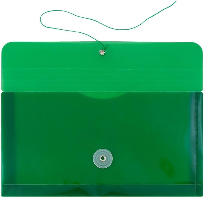 JAM PAPER Plastic Envelopes with Button & String Tie Closure - #10 Business Booklet - 5 1/4 x 10 - Green - 3/pack