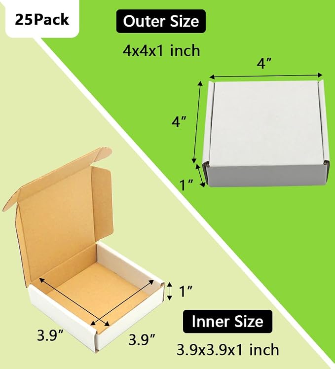 4x4x1 inches Shipping Boxes 25 Pack,TUKYLIL White Corrugated Cardboard Box,Mailer carton for Packaging Small Business,Gifts,Craft,Jewelry,daily supplies