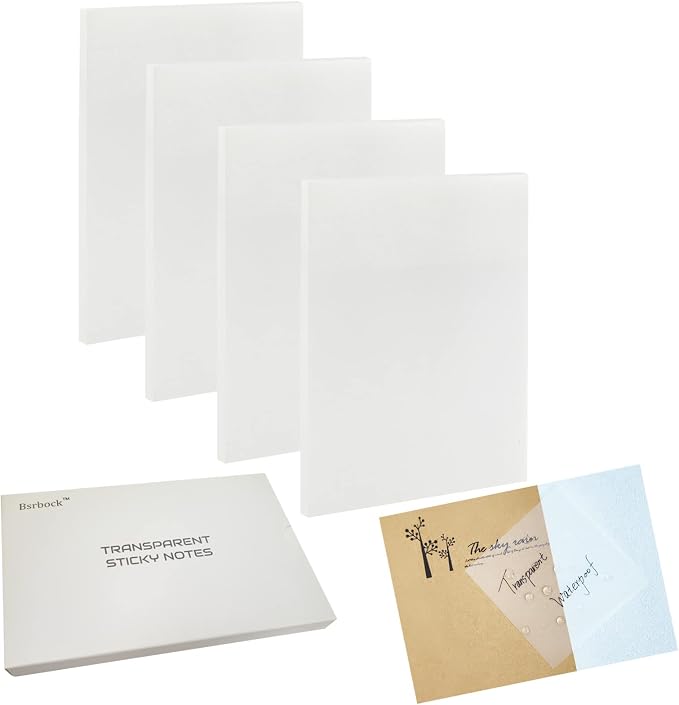 Transparent Sticky Notes 200 Sheets, 4 x 6 in Clear Sticky Notes, See Through Invisible Translucent Sticky Note Waterproof Self-Stick Note Pads for School, Office (4 Packs)