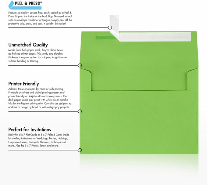 LUXPaper A7 Invitation Envelopes | Peel & Press | 5 1/4" x 7 1/4" | Limelight Green | 80lb. Text | 50 Qty.