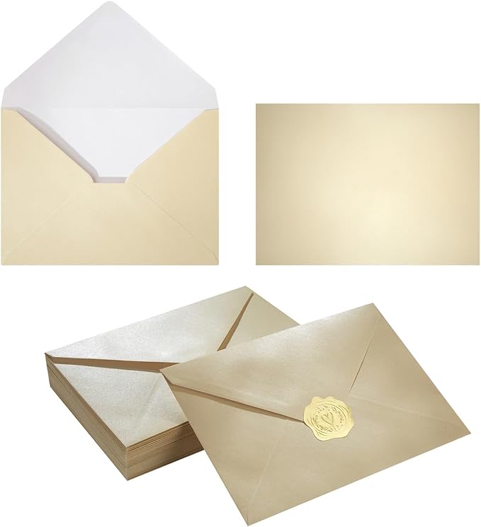 50 Pieces Shiny Envelopes with Gold Stickers, Cream Color, 5x7 | Gold Stickers Included, For Wedding Invitations, For Graduation, For Baby Shower, For Greeting Cards