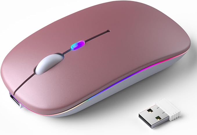 Wireless Bluetooth Mouse – Rechargeable, Silent, Dual Mode (Bluetooth 5.2 & USB) with LED Lights – Portable for Laptop, Desktop, & Tablet(Rose Gold)