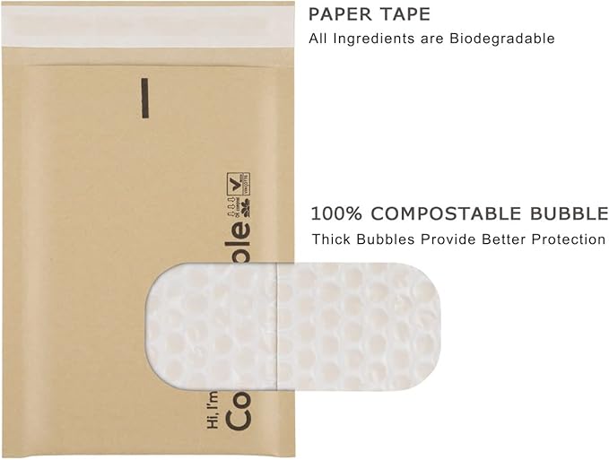 8.5x12 100% Biodegradable Brown Kraft Bubble Mailers,25 Count #2 Compostable Padded Packaging Wrap Envelopes Pouches Eco Friendly Self Seal Bags