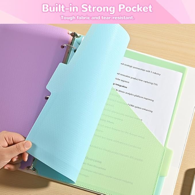 SUIN 5-Tab Binder Dividers with Pockets - Heavy Duty Plastic Dividers for 3 Ring Binder, Letter Size Poly Page Separators with Tabs & Label Stickers, Diamond Texture, 5 Pastel Colors, 12-Pack