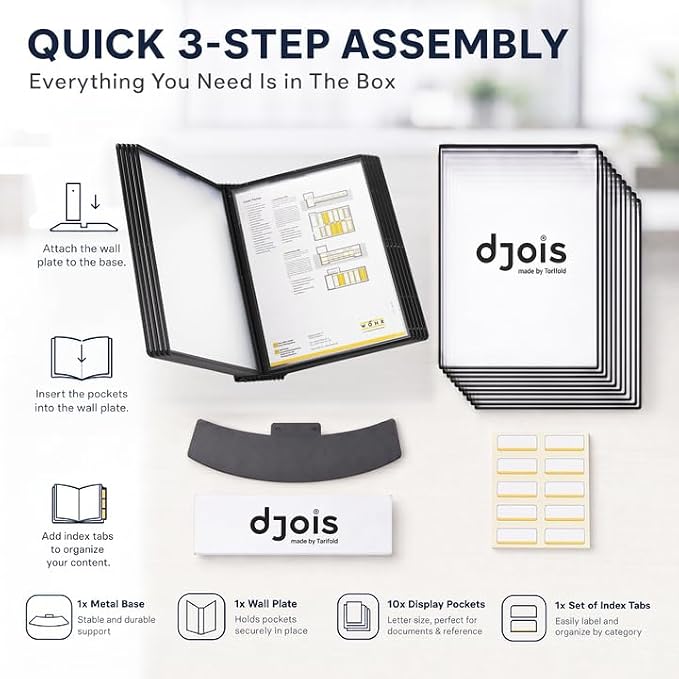 Tarifold Desktop Reference System, 10 Pockets with Easy-Load Design, Black | 10 Double-Sided Pockets, Holds 20 Letter-Size Sheets, Sturdy Metal Base, Quick and Easy to Assemble