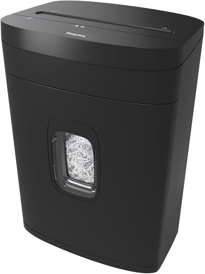 Staples 12-Sheet Micro-Cut Paper Shredder, High-Security, Anti-Jam, Black | Shreds credit cards and documents for home or office. Jam-resistant micro-cut design.