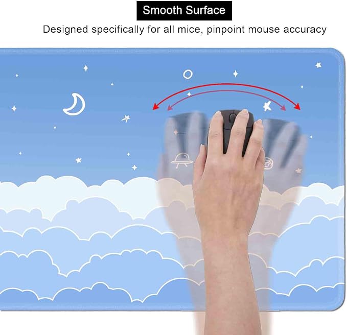 Cute Pastel Blue Desk Mat, Minimalist Large Gaming Mouse Pad Mousepad for Laplop, Kawaii Anime Desk Pad, Gradient White Clouds Computer Pads, Aesthetic Stars Moon Deskpad, 31.5 X 11.8 Inch