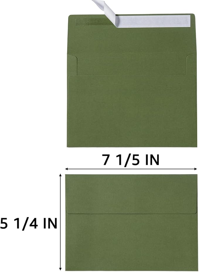 50 Pack 5 x 7 Envelopes Colored Self Seal for Wedding, Party Invitations, Greeting Cards, Announcements, Photos, 5.24 x 7.21 Inches (Olive Green)