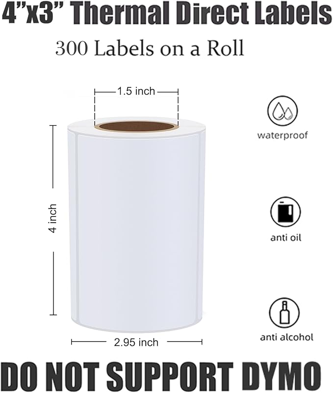 Hybsk 4x3 inch Direct Thermal Labels for Shipping, Barcodes, Address, Compatible with Rollo Label Printer & Zebra Desktop Printers (4x3 inch,4 Roll White)