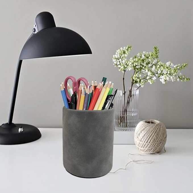 Leather Pen Holder, Dark Gray Pencil Holder, Desktop Elegant Pen Holder for Desk, Stationery Organizer for School Office Home Dorm