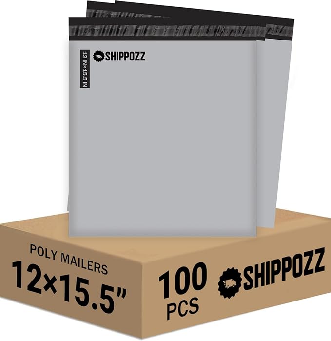 Shippozz 12x15.5 Poly Mailers 100 Pack, Durable Waterproof Polymailers for Shipping Clothes, Self Seal Mailing Bags for Small Business Packaging Supplies, Mailing Envelopes for Books, and Accessories