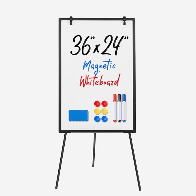 DUMOS Magnetic White Board Easel 36"x24", Silver Aluminium Frame & Black | 36"x24" magnetic dry erase. Height 28"-48" for adults & kids. Foldable for classroom. Includes tray & 2 magnets.