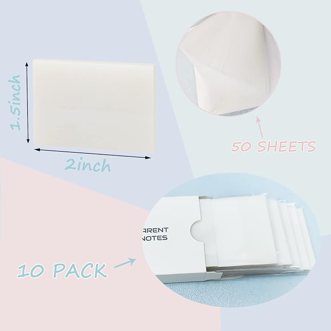 Transparent Sticky Notes 500 Sheets, 1.5 x 2 in Clear Sticky Notes, See Through Invisible Translucent Sticky Note Waterproof Self-Stick Note Pads for School, Office (10 Packs)