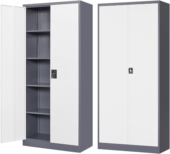 Fesbos Metal Storage Cabinet-72” Tall Steel File Cabinets with Lockable Doors and Adjustable Shelves-White&Gray Steel Storage Cabinet for Home Kitchen, Office, Garage