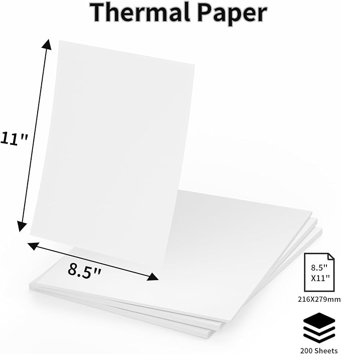 200 Sheets Thermal Printer Paper, 8.5"x 11" US Letter Size - High-Efficiency Durable Printing for Home Work, Printing Contract, Picture, Compatible with Most Thermal Printers (200 Sheets)