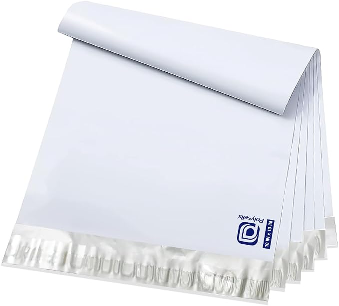 POLYSELLS 100 pcs 10x13 Inches White x Silver Poly Mailers Shipping Envelopes, Strong Adhesive Sealing, Waterproof, and Tear-resistant Postal Mailing Bags for Clothing, Books, and Accessories