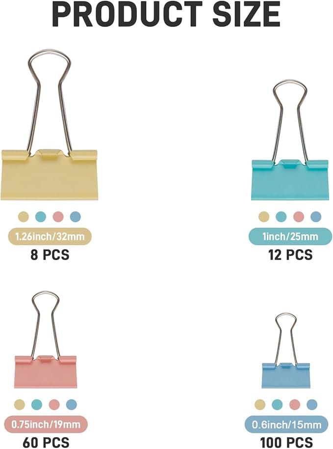 180 Pack Colored Binder Clips Bulk, 4 Size Assortment Includes Large, Medium, Small, Mini Metal Clips (1.26”, 1”, 0.75”, 0.6”), Heavy-Duty Metal Paper Clamps for Office & School Supplies