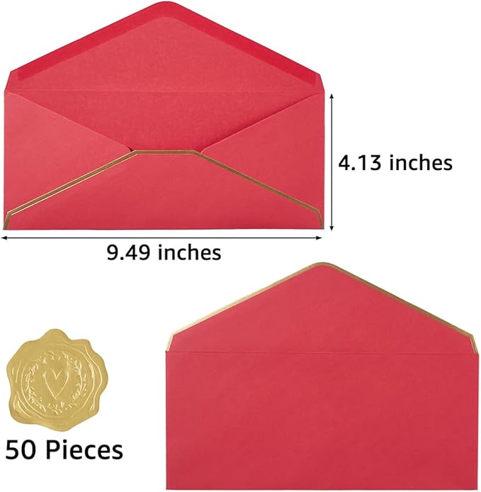 50 Pack #10 Business Envelopes with Gold Border, Self Seal Standard Envelopes with Gold Stickers for Office, Checks, Letter Mailing, Invoices, 4 1/8 x 9 1/2 Inches (Red)