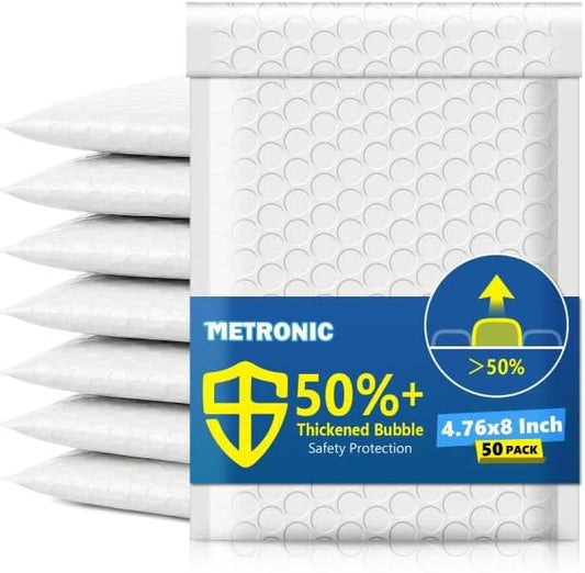 Metronic Bubble Mailers 4.76x8" 50 Pack Padded Envelopes with 1/7" Thickened Bubble Waterproof Mailing Envelopes Usable Size 4.76x7" Shipping Bag for Fragile Products, 4x7 Items,Small Business, White