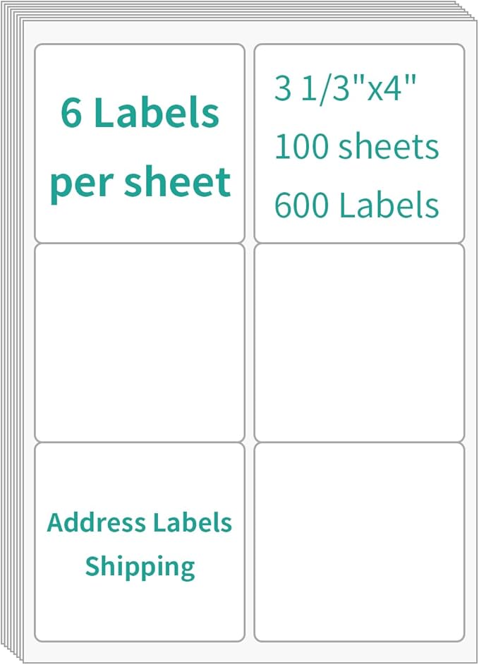 100 Sheets 6 up Labels, Shipping Address Labels 3-1/3" x 4" for Laser & Inkjet and Copier Printer, 6 up Self Adhesive Sticker (600 Labels Total)