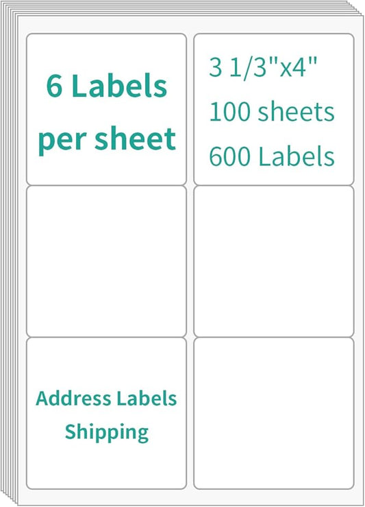 100 Sheets 6 up Labels, Shipping Address Labels 3-1/3" x 4" for Laser & Inkjet and Copier Printer, 6 up Self Adhesive Sticker (600 Labels Total)
