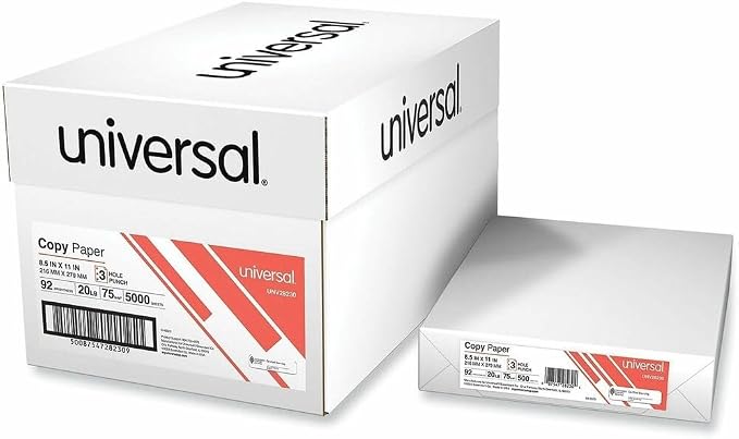 Universal 28230 Copy Paper, 92 Brightness, 20lb, 8-1/2 x 11, 3-Hole Punch, White (Case of 5000 Sheets)