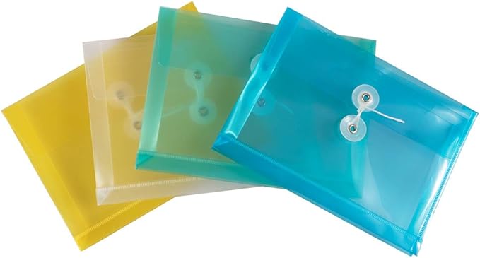 JAM PAPER Plastic Envelopes with Button & String Tie Closure - Index Size - 5 1/2 x 7 1/2 - Assorted Colors - 24/Pack