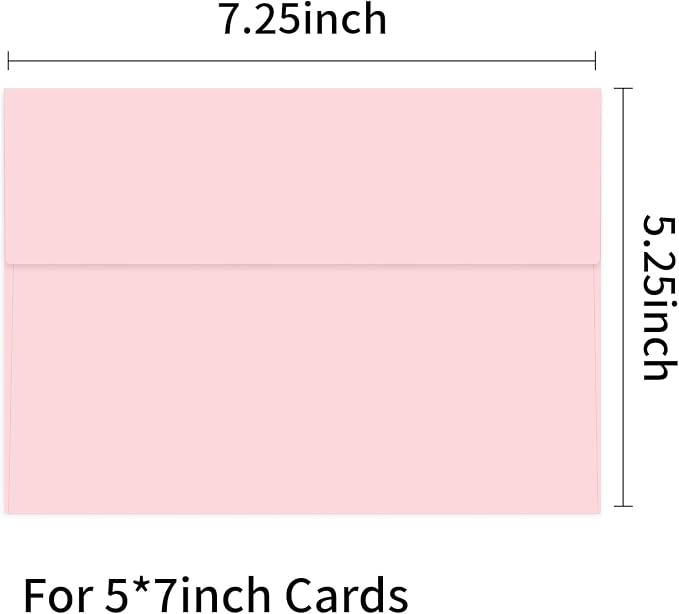 100 Packs Pink 5x7 Envelopes, A7 Envelopes for Card Invitation | 120gsm envelopes, 5.25x7.25 inch fits 5x7 cards, peel & press, for weddings/cards/baby shower/photos/graduation/postcards