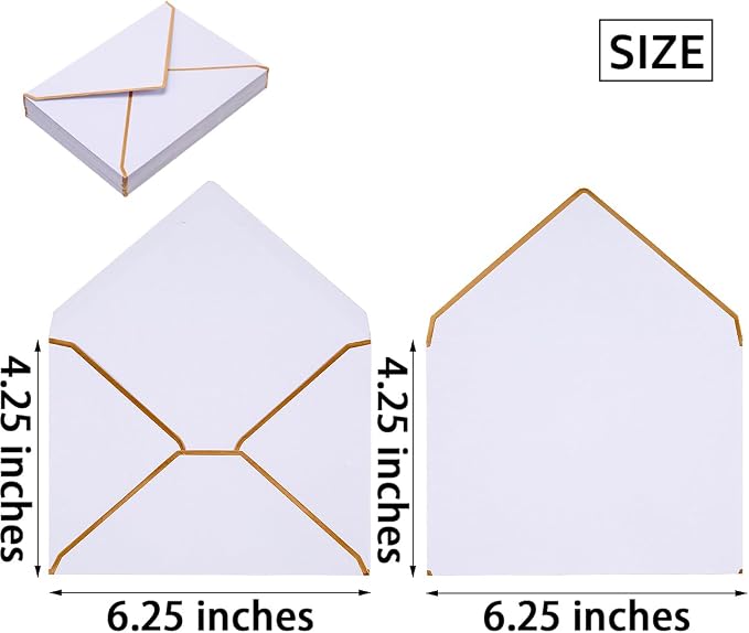50 Pack A4 Envelopes White 4x6 with Gold Border, 4.25x6.25 | Self-Adhesive, V Flap, For Wedding, Graduation, Baby Shower, Parties, Invitations
