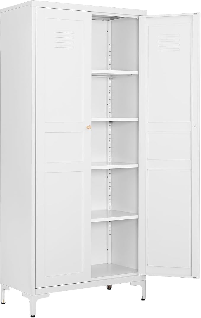 Fesbos Metal Storage Cabinet-61” Tall Steel File Cabinets with Doors and 4 Adjustable Shelves-White Steel Storage Cabinet for Home,Kitchen, School, Office, Garage