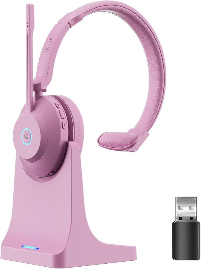 Bluetooth Wireless Headset with Mic for Work, Advanced Noise Reduction Microphone, Clear Calls - Comfortable On-Ear Headphones, Bluetooth 5.3, Applicable to Laptop, PC, Zoom, Office(Pink)