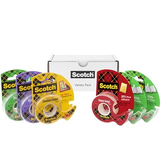 Scotch Variety Pack Tape, Assorted Sizes Including Magic Tape, Double-Sided Tape, Gift-Wrap Tape, and Super-Hold Tape, 6 Rolls Total